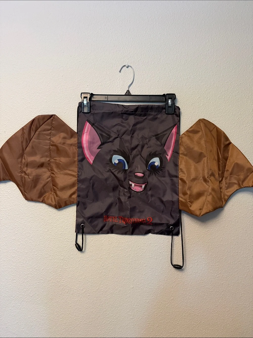 Kids Bat Wing Drawstring Backpack - Brown and Black with Pink Accents